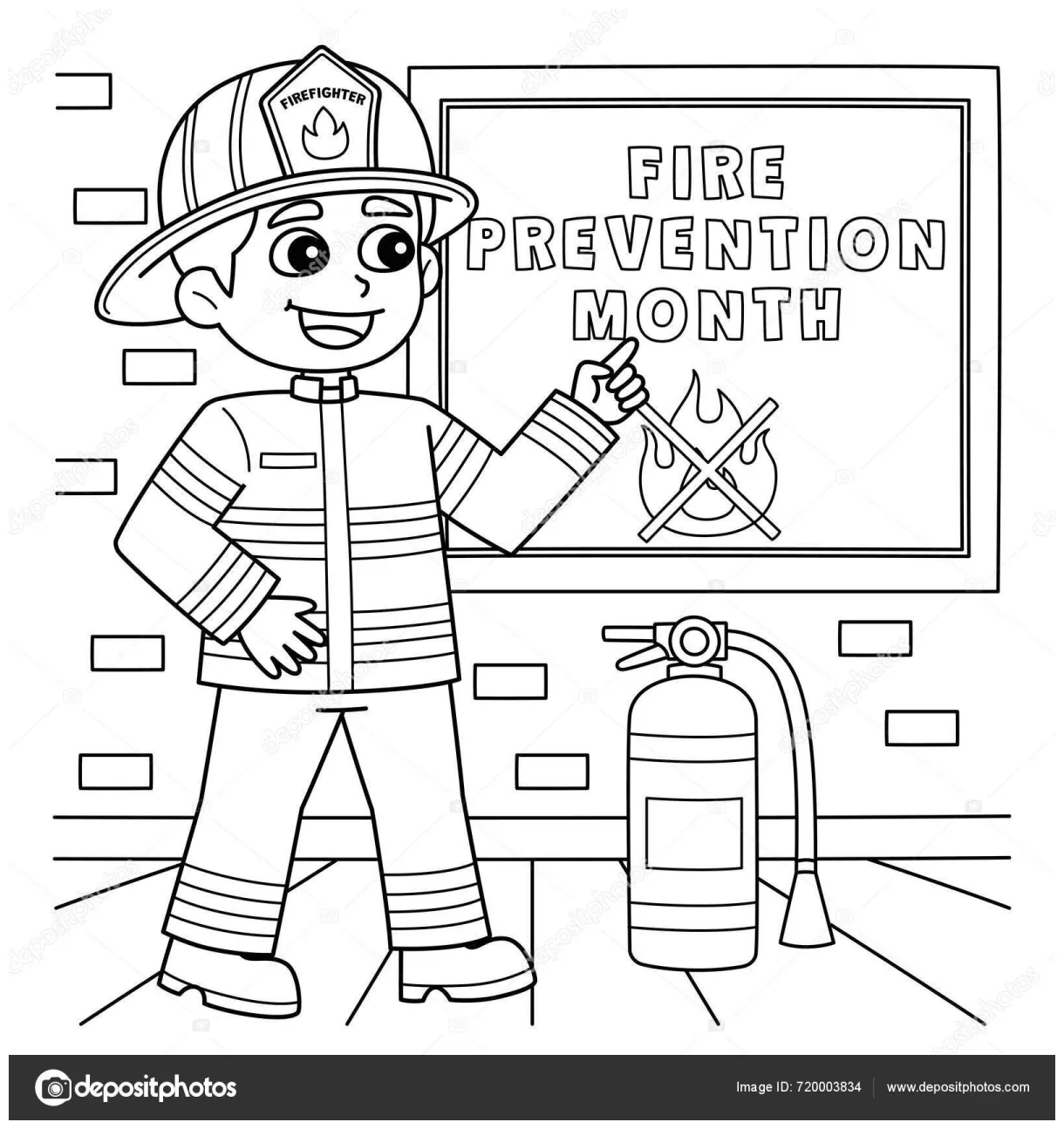 Cute Funny Coloring Page Firefighter Teaching Fire Prevention Month