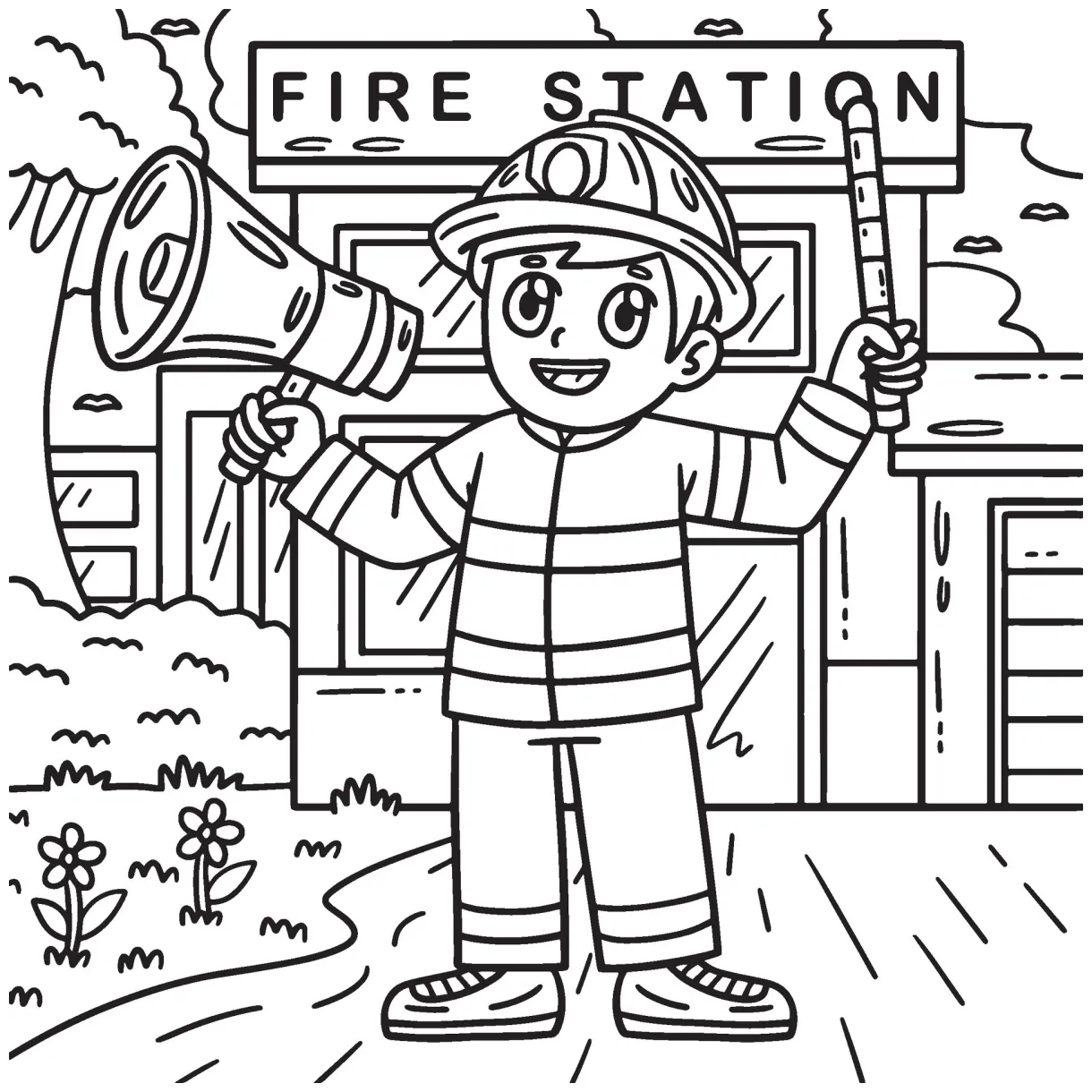 Firefighter with Megaphone Coloring Page for Kids 34329355 Vector Art