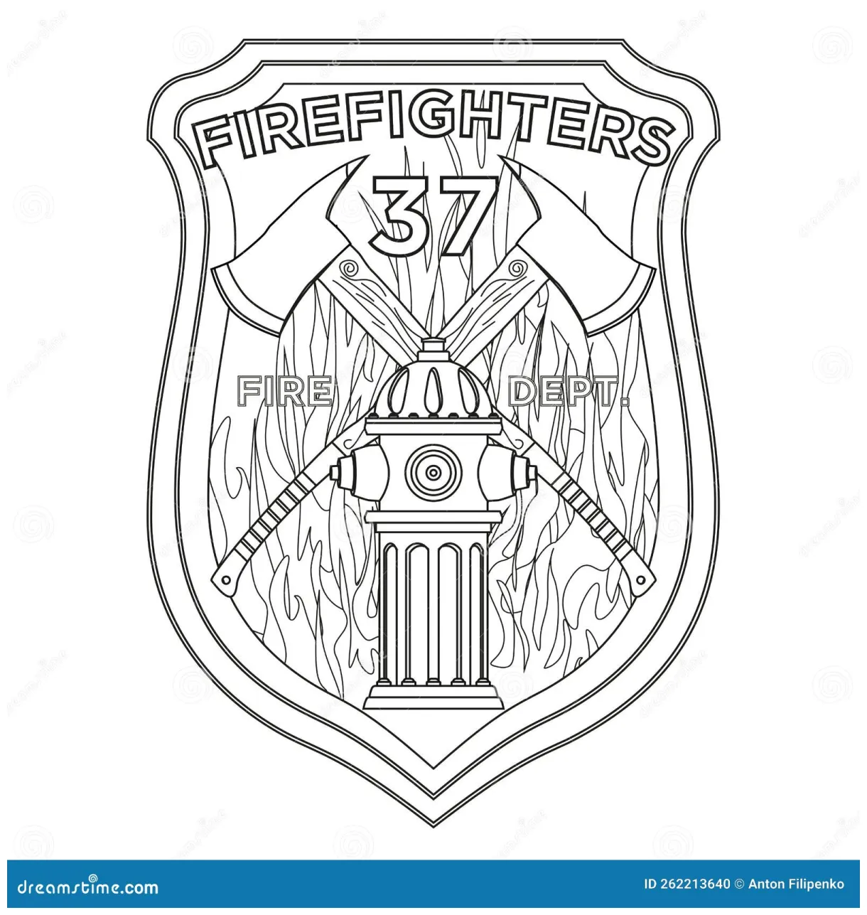 Firefighter Badge Coloring Page. Firefighter Axes and Hydrant on Shield