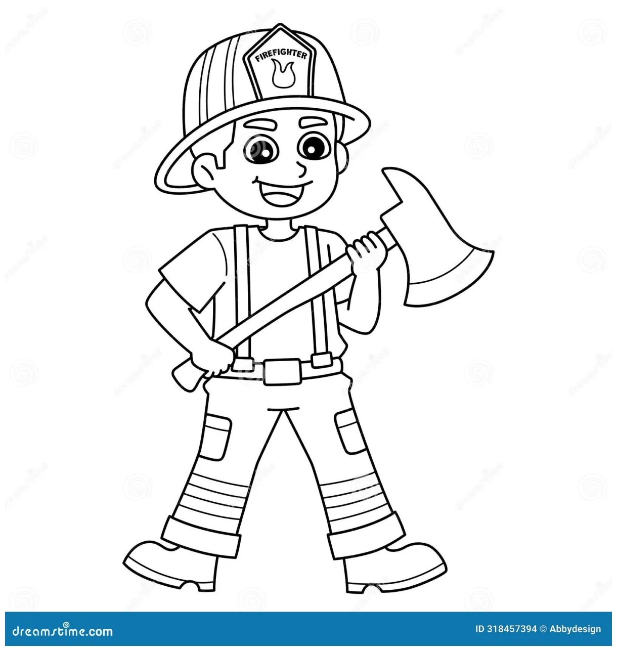 Firefighter holding an axe isolated coloring page vector illustration printable coloring page