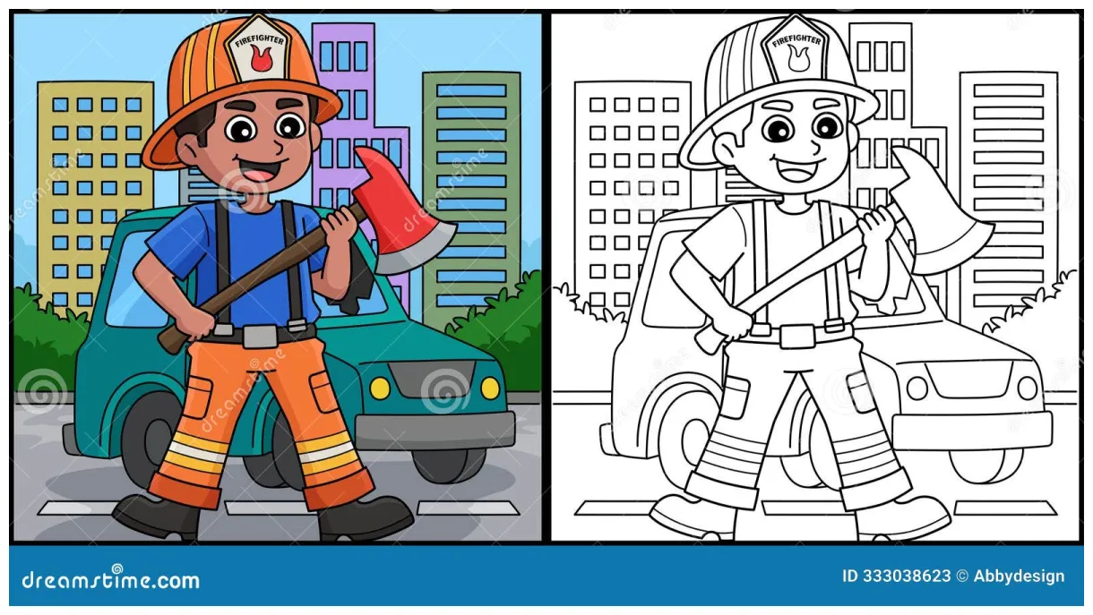Firefighter holding an axe coloring illustration cartoon vector