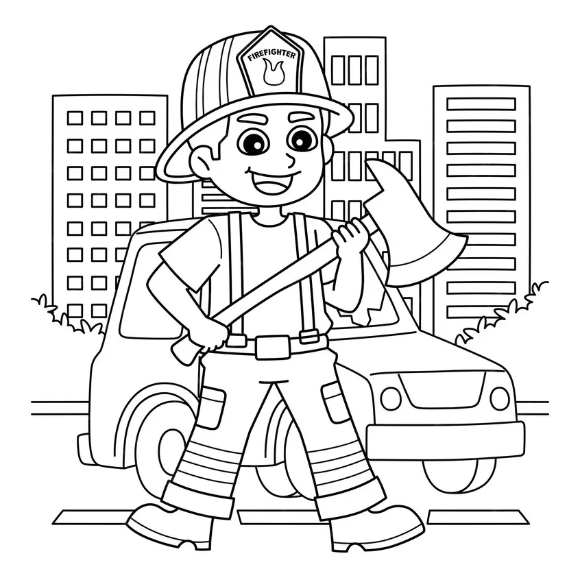 Premium vector firefighter holding an axe coloring page for kids