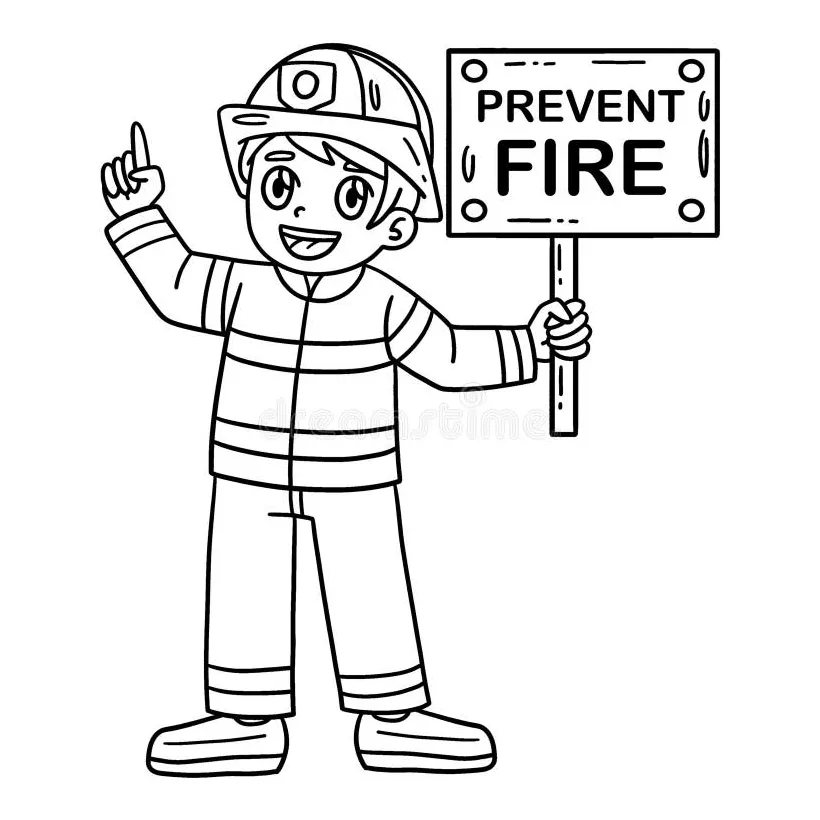 Firefighter holding an axe coloring page for kids stock vector