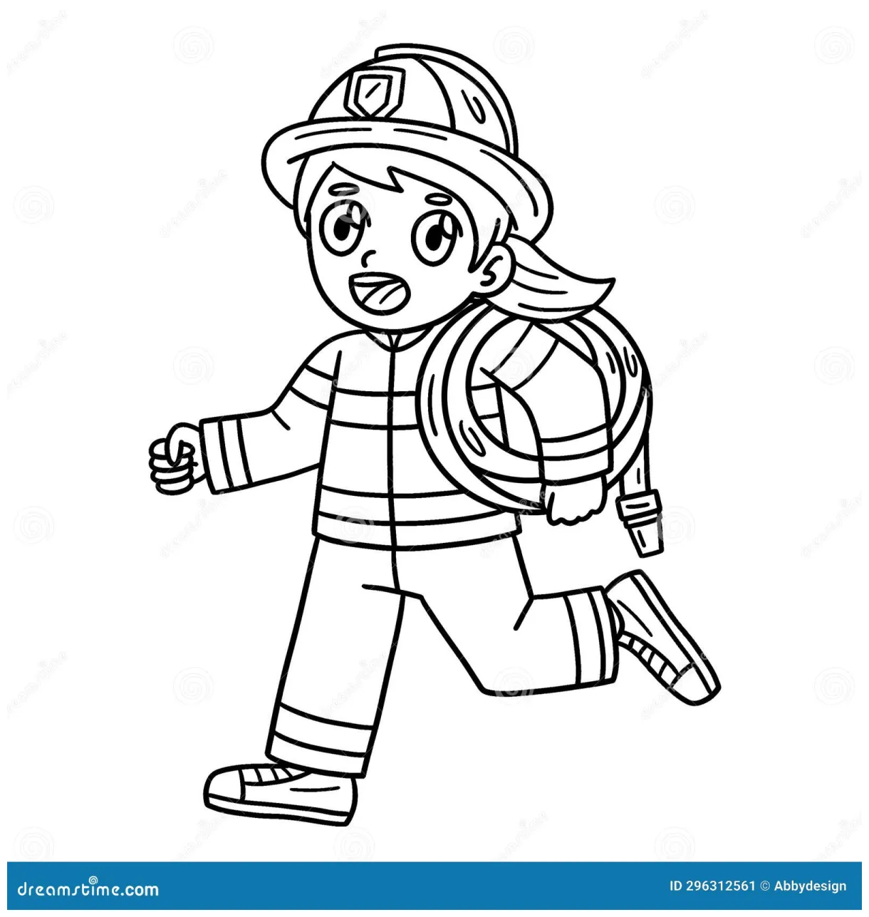 Firefighter carrying a fire hose isolated coloring cartoon vector