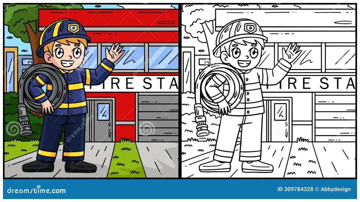 Firefighter carrying a fire hose isolated coloring cartoon vector