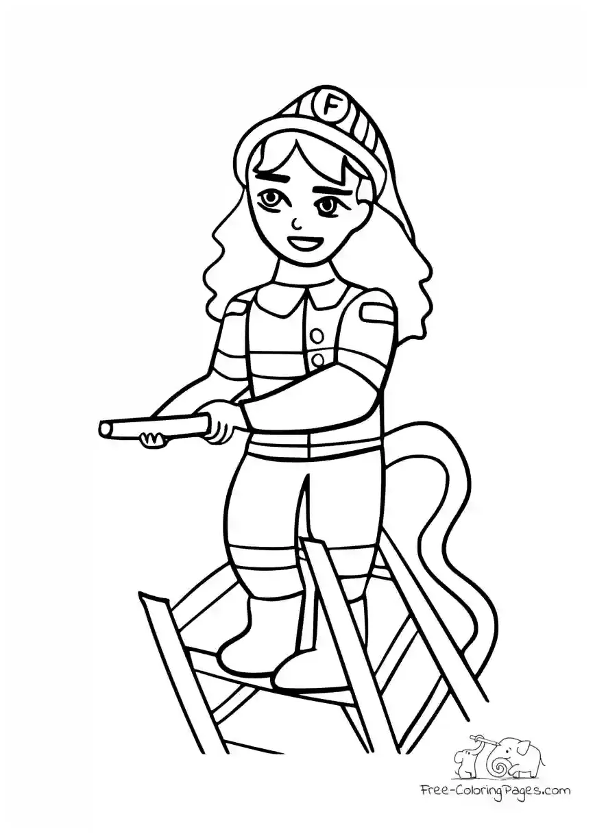 Coloring page firefighter on turntable ladder with water hose free
