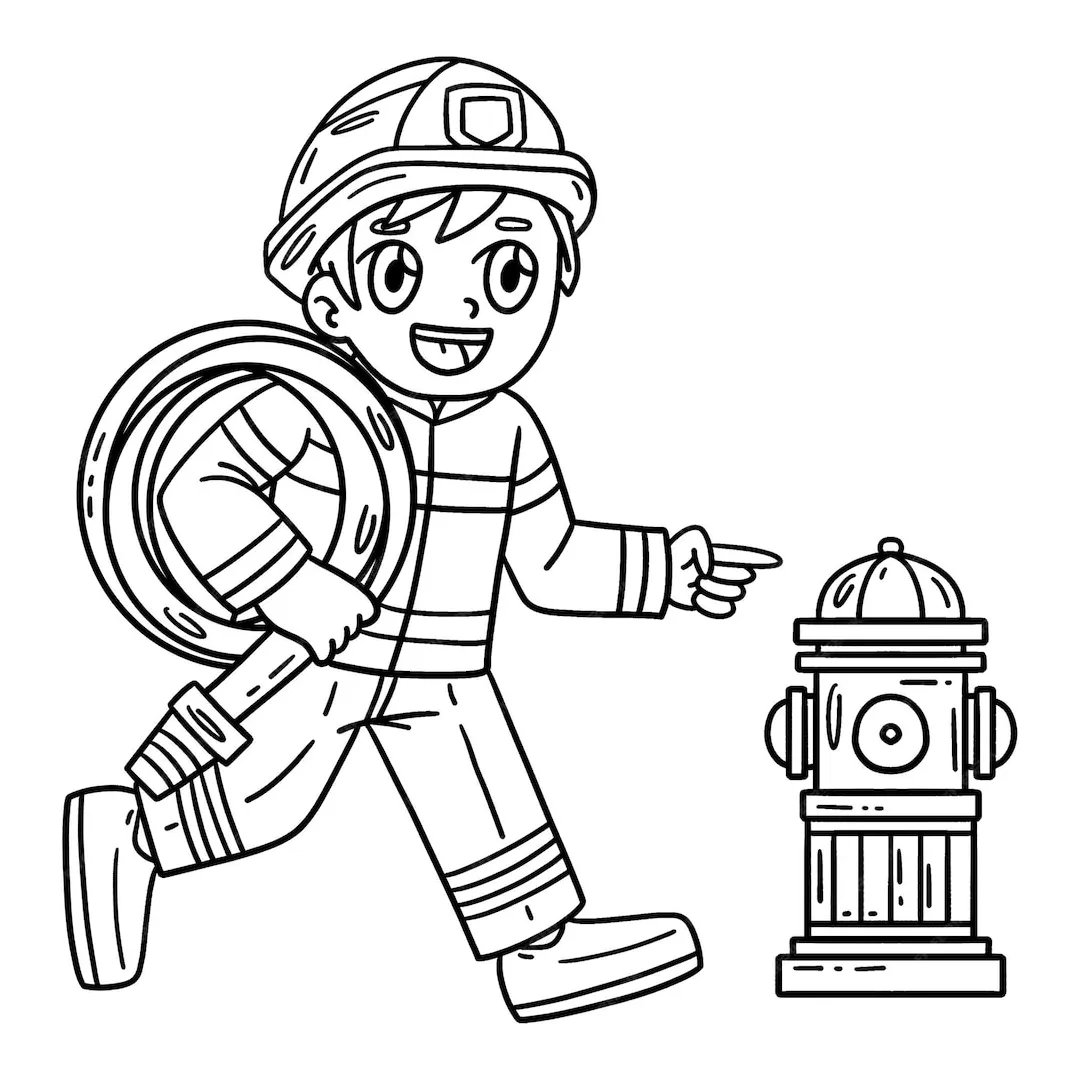 Premium vector a cute and funny coloring page of a firefighter water