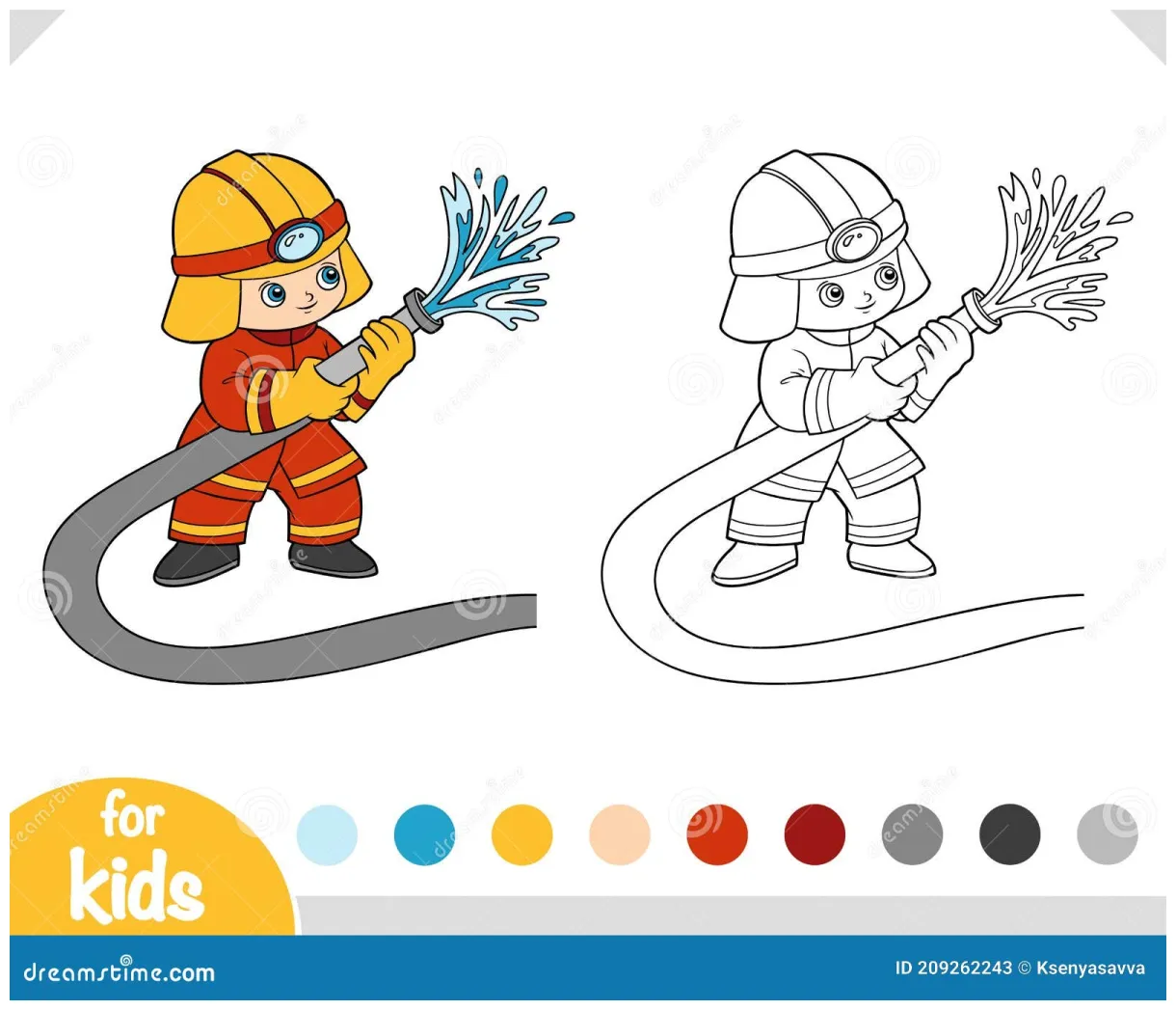Coloring book, firefighter using fire hose stock vector illustration printable coloring page