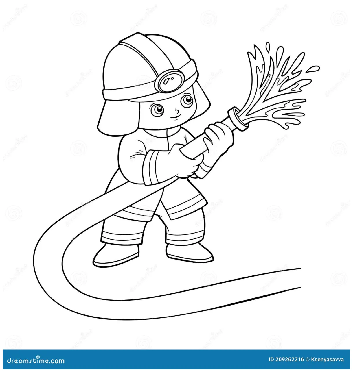 Coloring book, firefighter using fire hose stock vector illustration