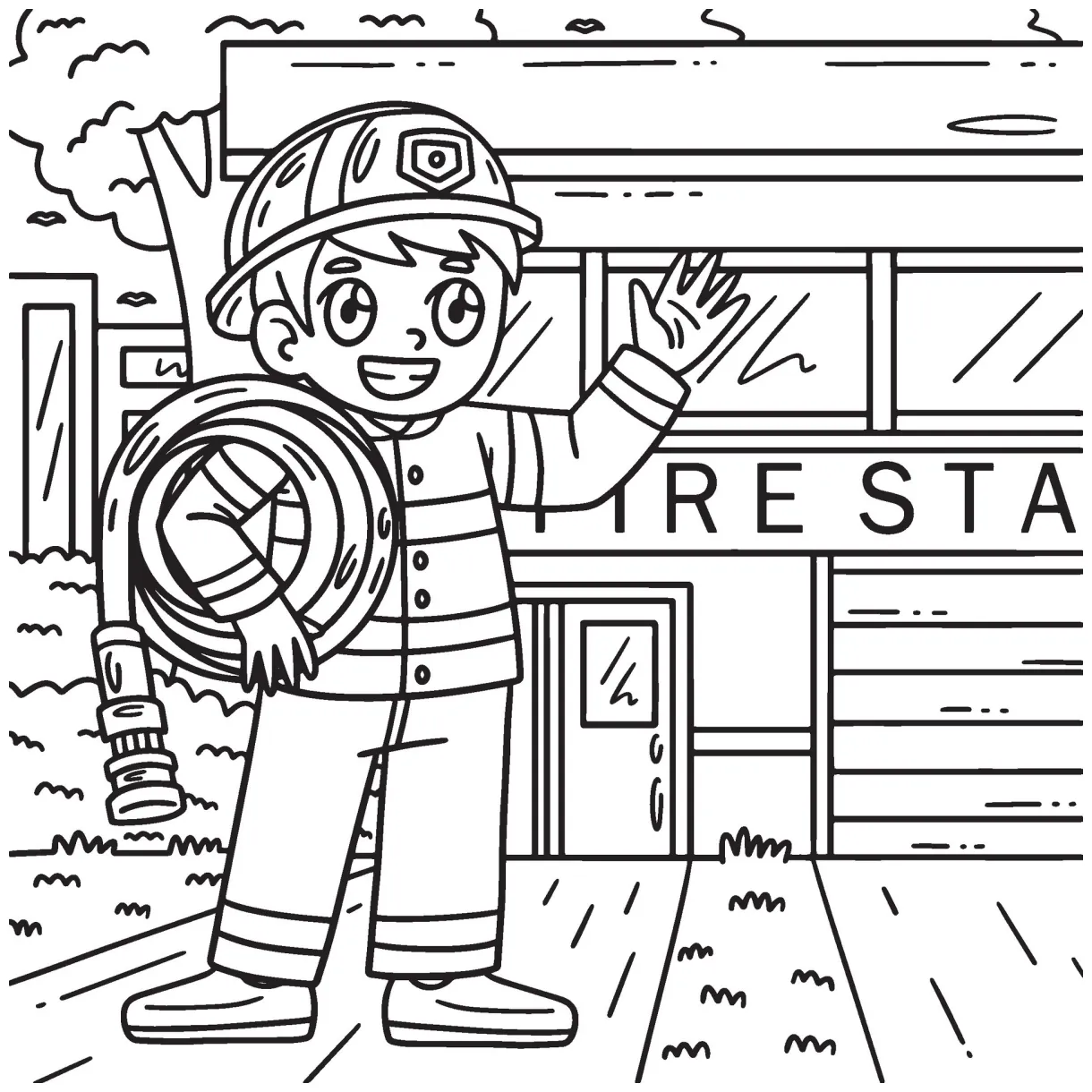 Firefighter carrying water hose coloring page 34329314 vector art at