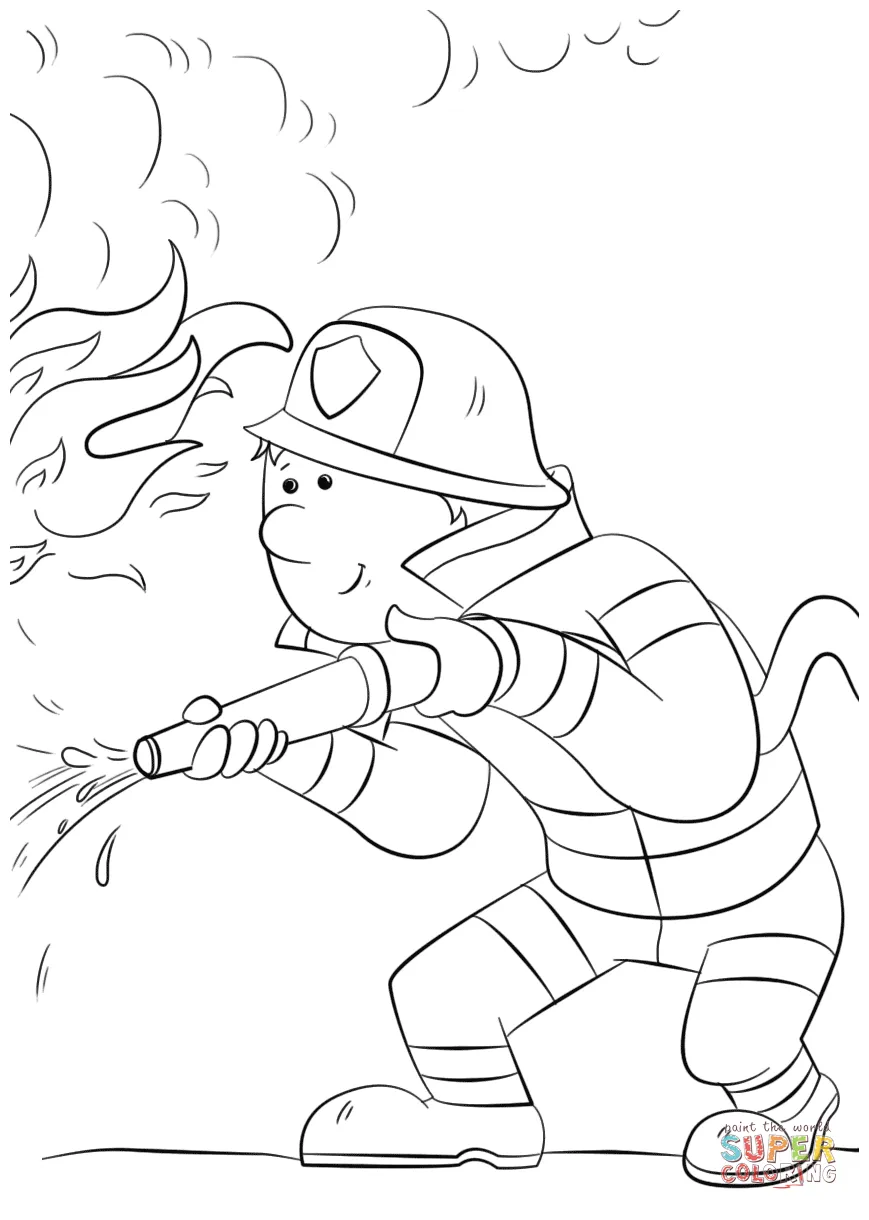 Cartoon firefighter sprays a fire hose coloring page free printable