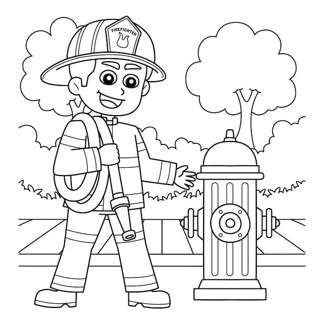 Premium vector firefighter carrying a fire hose coloring page