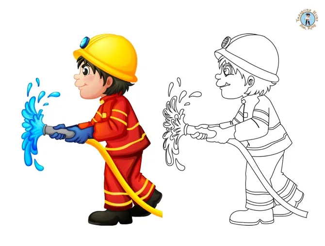 Firefighter with a fire hose coloring page treasure hunt 4 kids