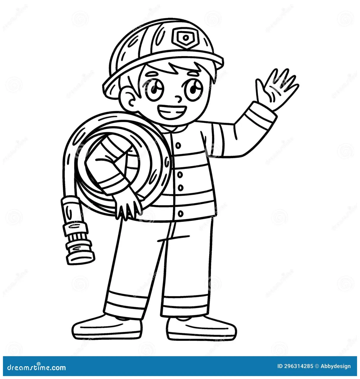 Firefighter carrying a fire hose isolated coloring cartoon vector