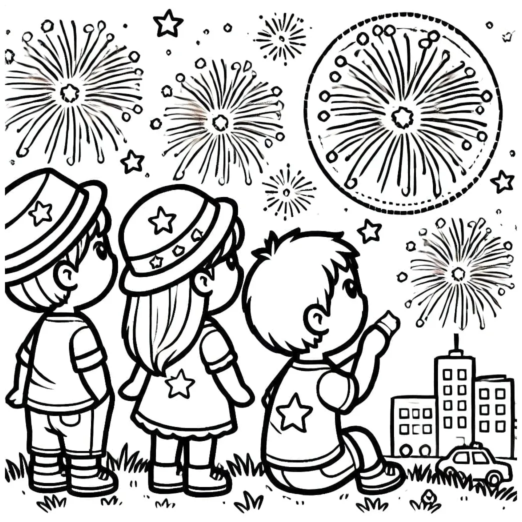 Little kids and fireworks coloring page download, print or color