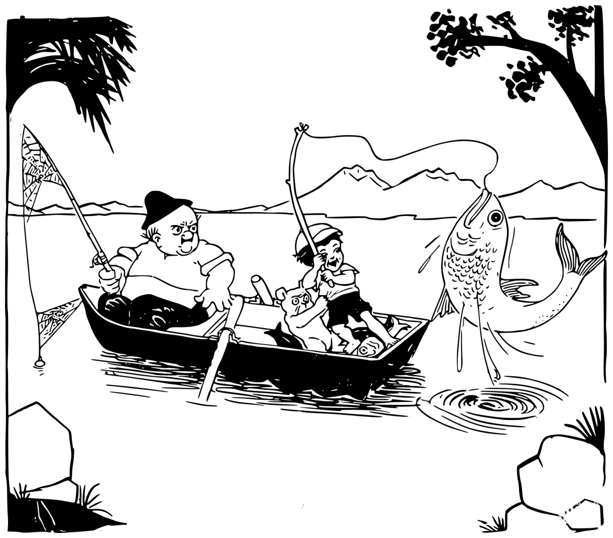 Vintage catching a big fish coloring page colouringpages