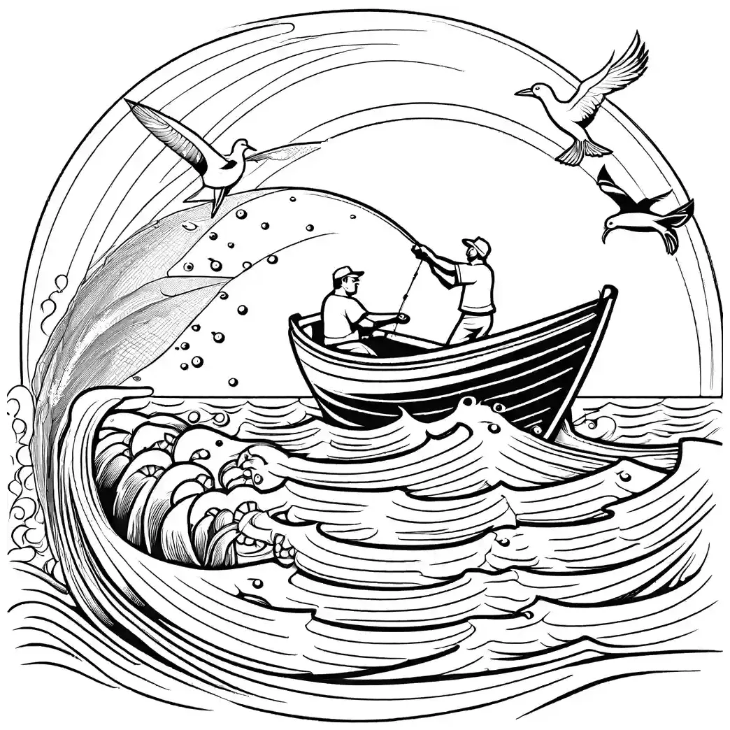 Fishing boat with jumping fish coloring page Lulu Pages