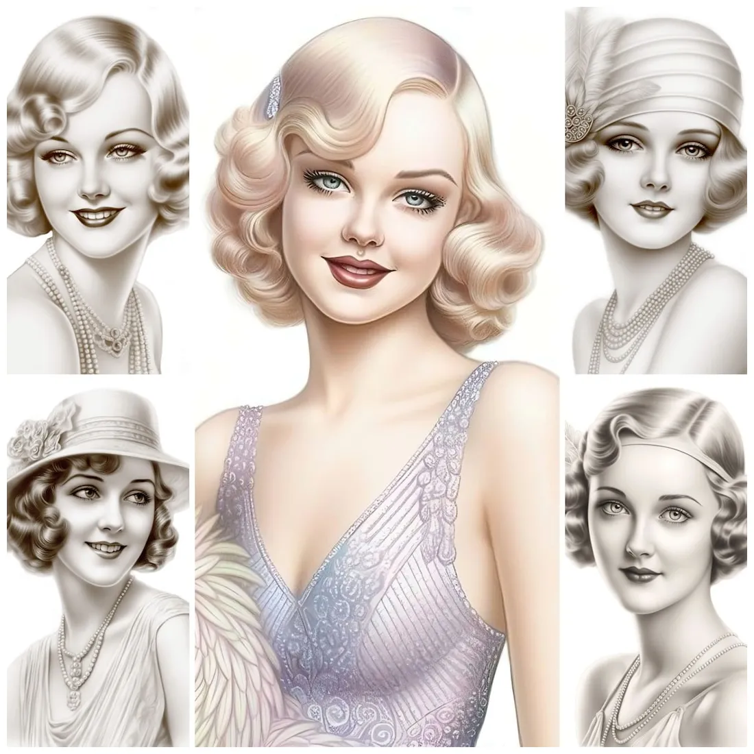 Flapper girls fashion 5 coloring pages bundle, retro-inspired design printable coloring page