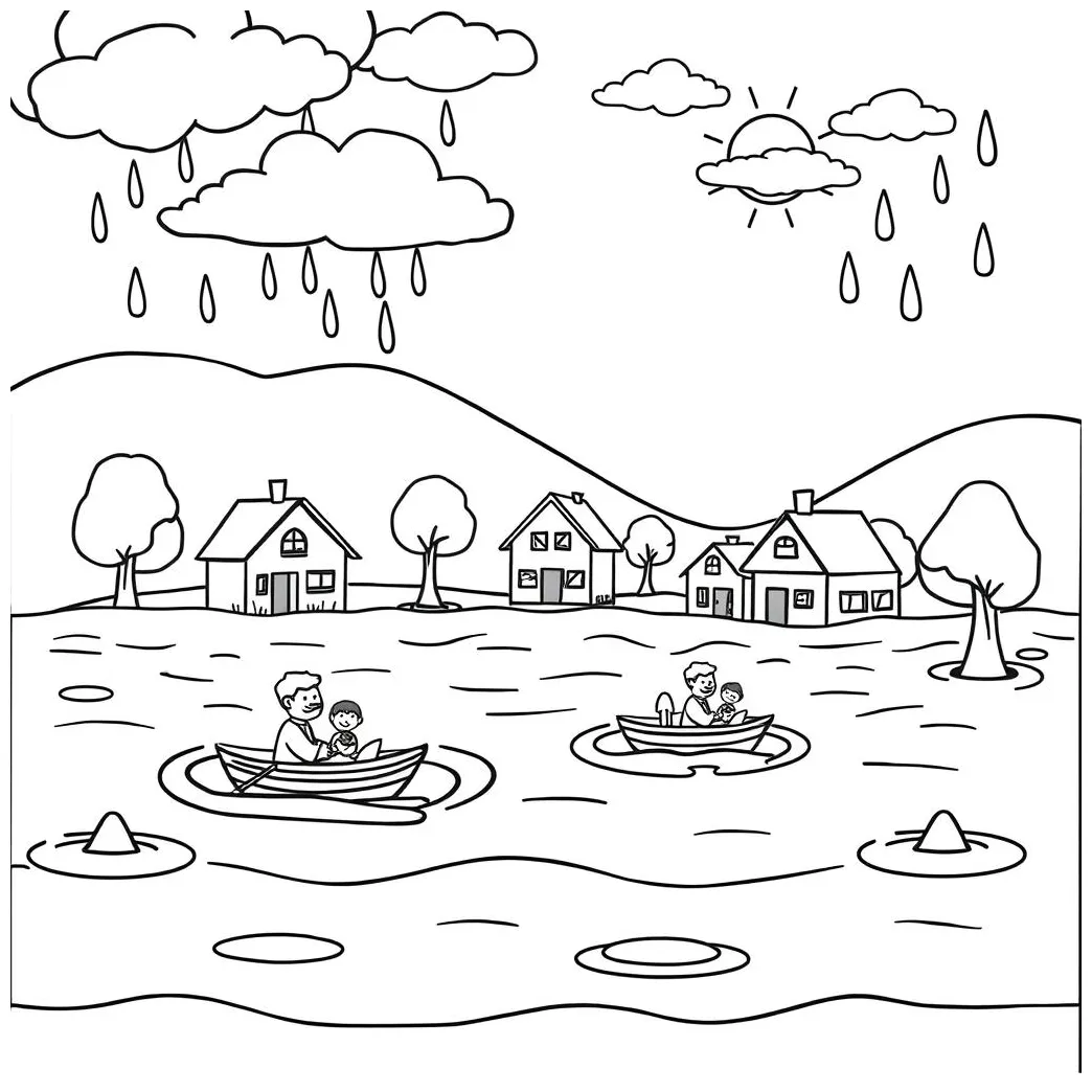 Fun flood scene coloring page for kids