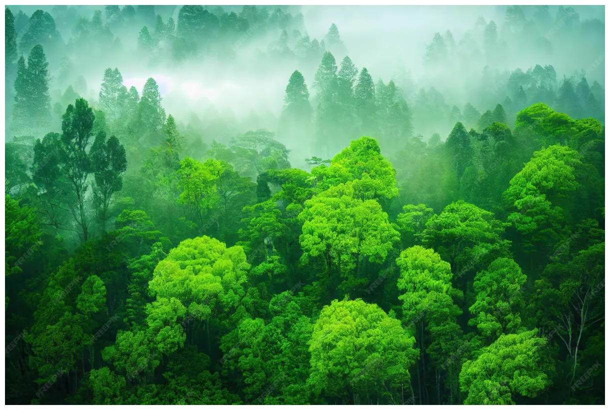Premium beautiful green forest trees in vivid color nature