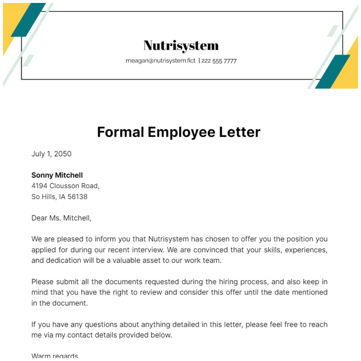 Free formal employee letter template to edit online