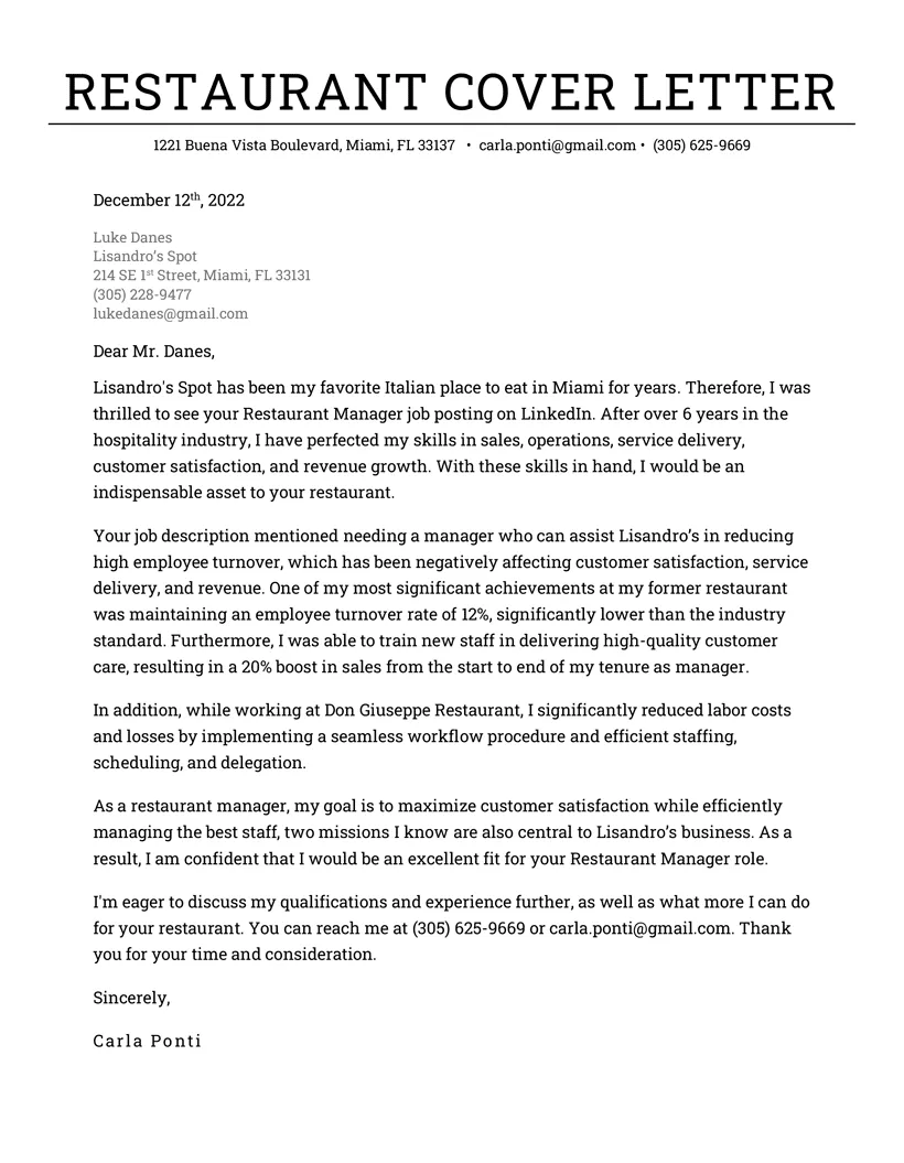 Restaurant cover letter example & downloadable template