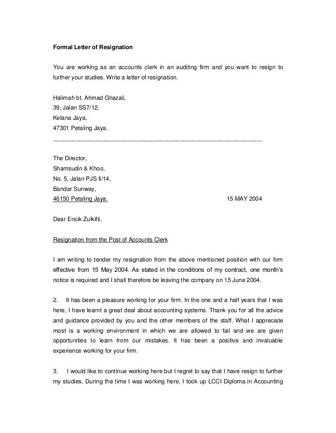 Formal letter of resignation