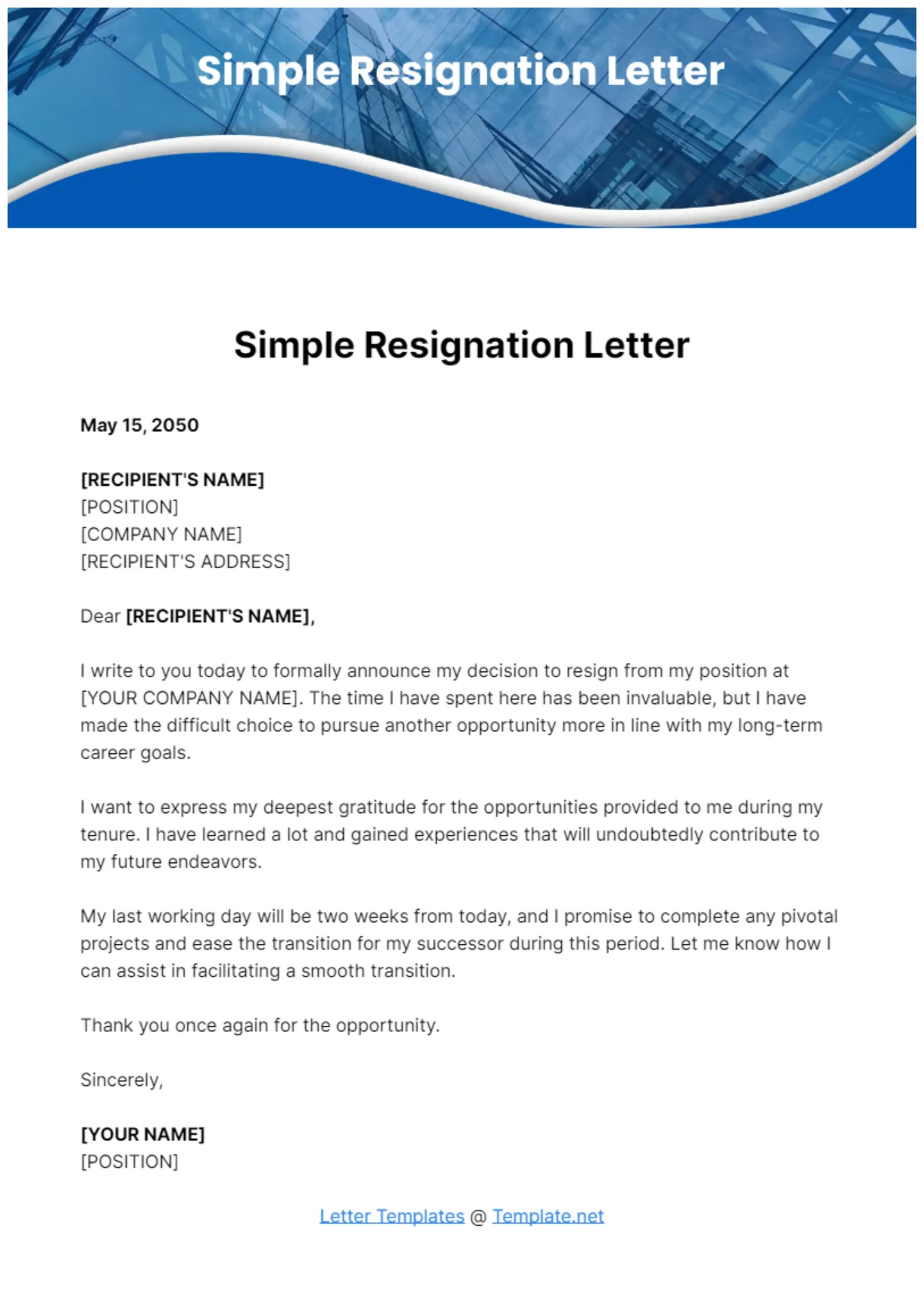 Free resignation letter template to edit online