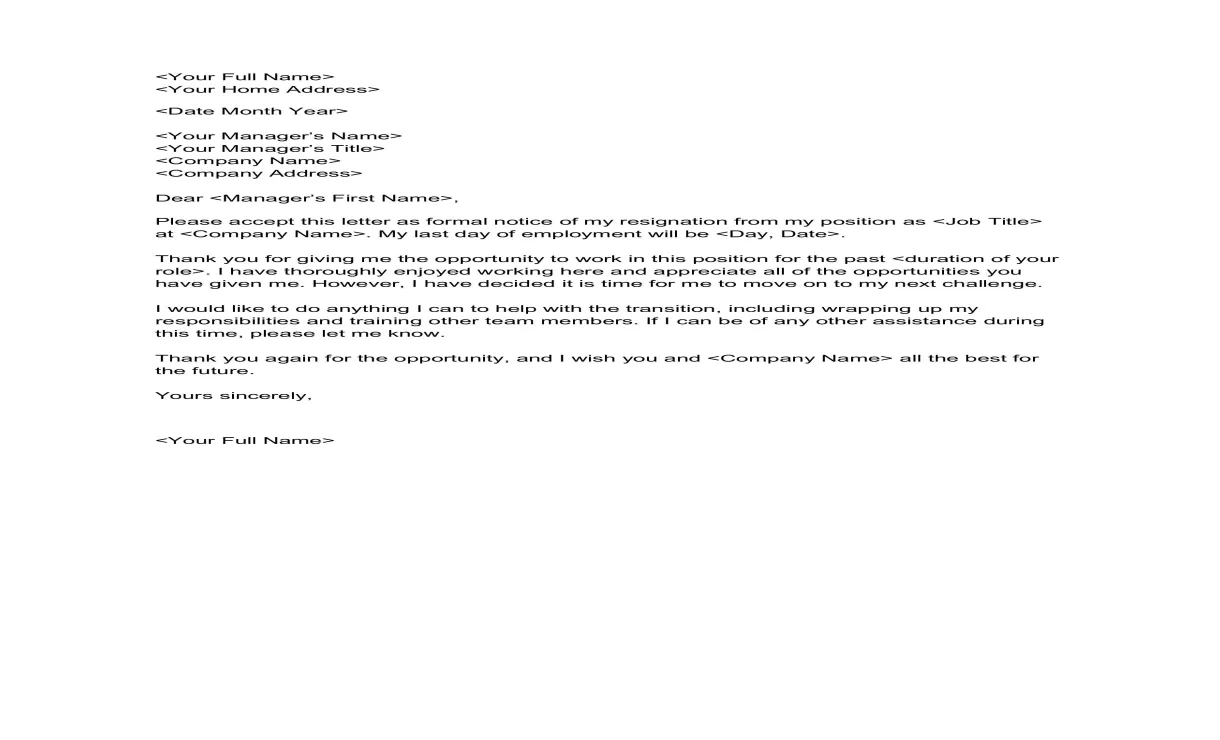 Resignation letter template nz