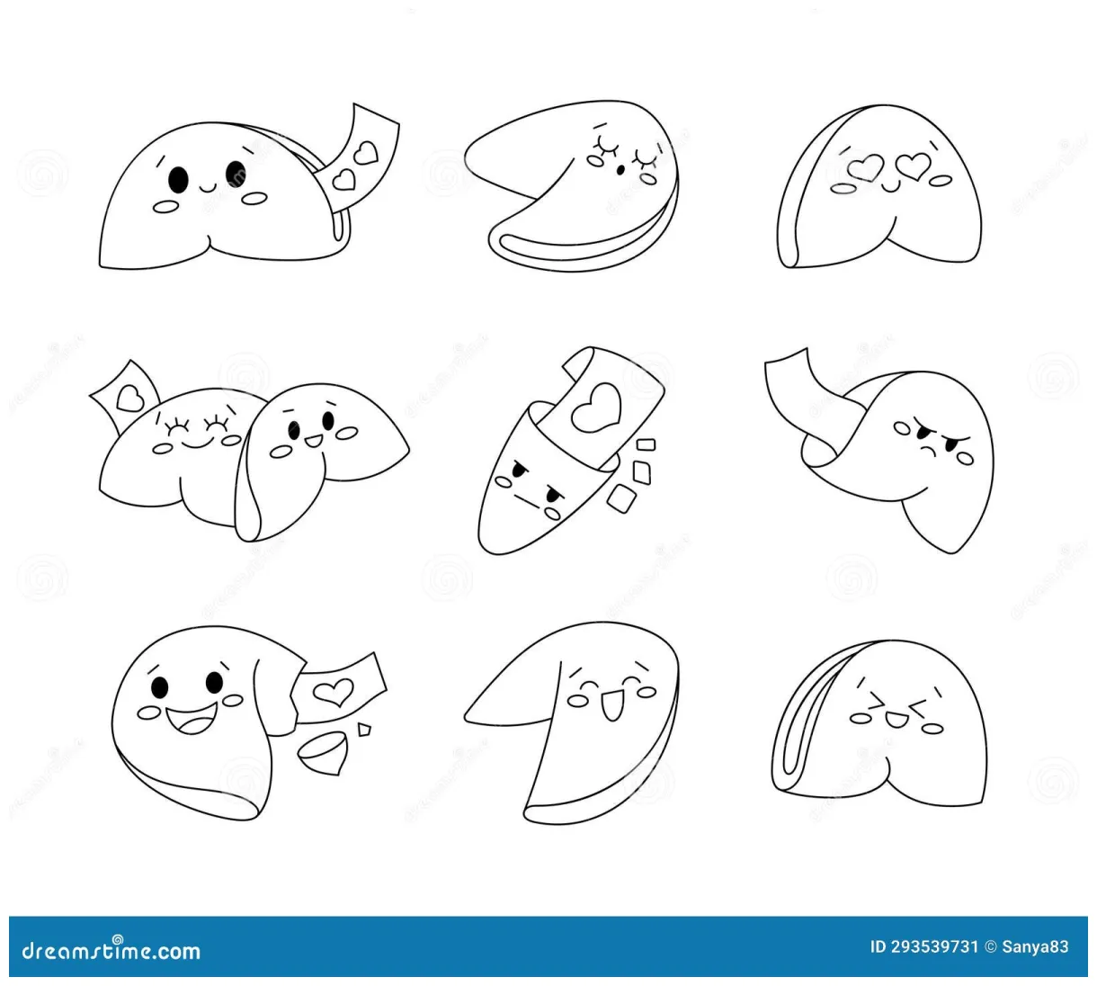 Cute fortune cookies characters. coloring page stock vector