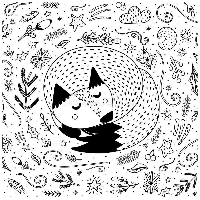 Coloring Page Sleeping Fox Animal Cartoon Character Vector Illustration