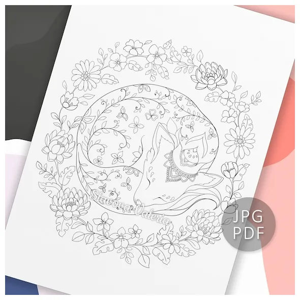 Sleepy fox coloring page instant download pdf download etsy