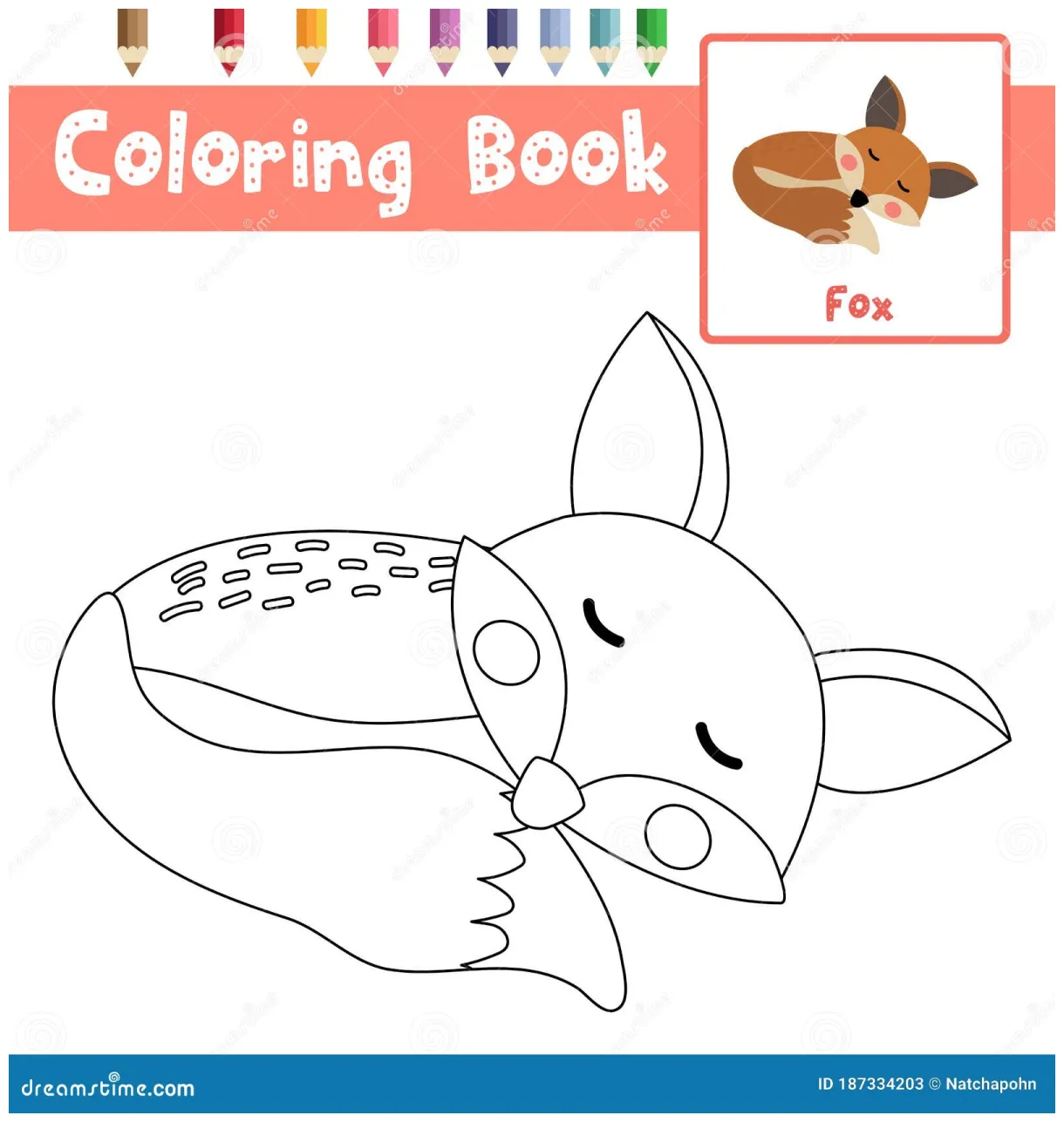 Coloring page sleeping fox animal cartoon character vector illustration