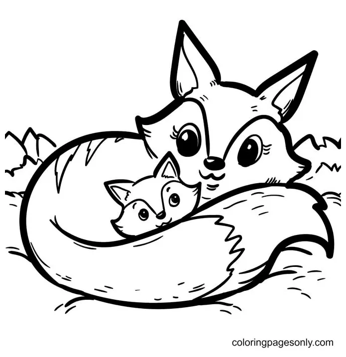 Mother fox wraps tail coloring page