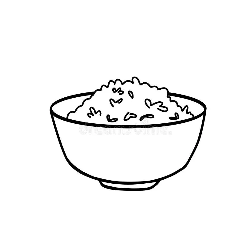 The coloring page of a bowl of rice for kids or toddler. stock