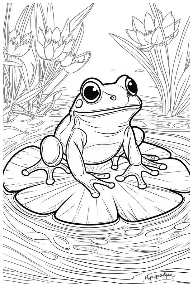 Frog on lily pad coloring page for kids stock illustration