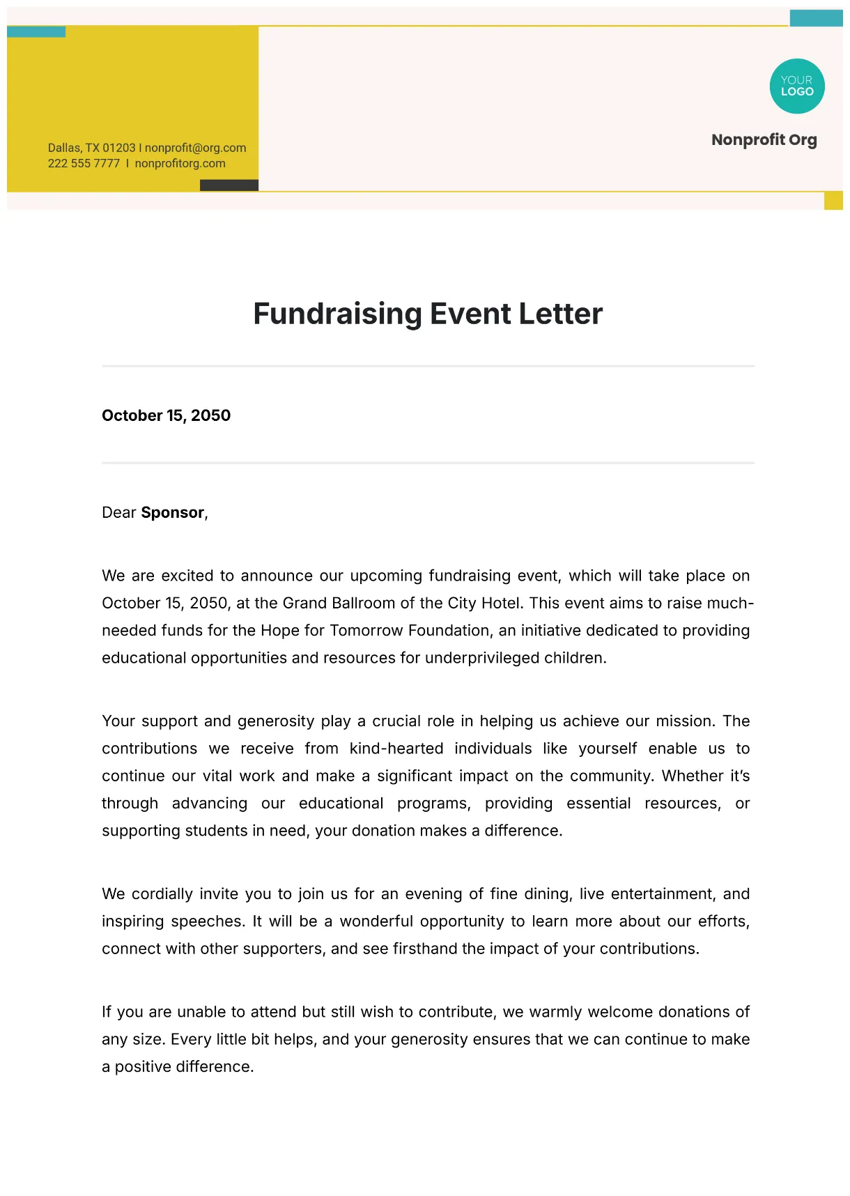 Free fundraising event letter template to edit online