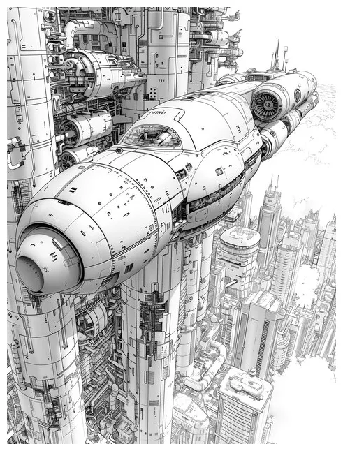 In cartoon style building and spaceship