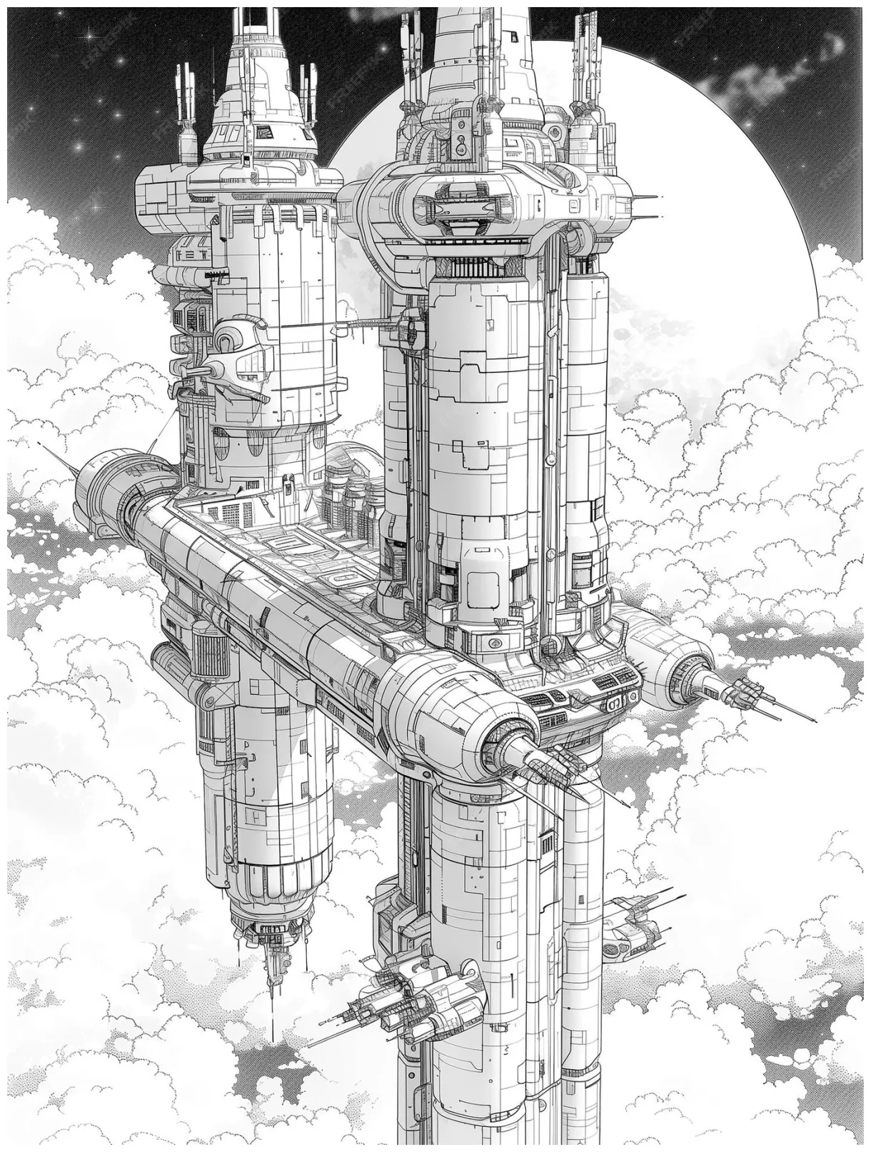 In cartoon style building and spaceship
