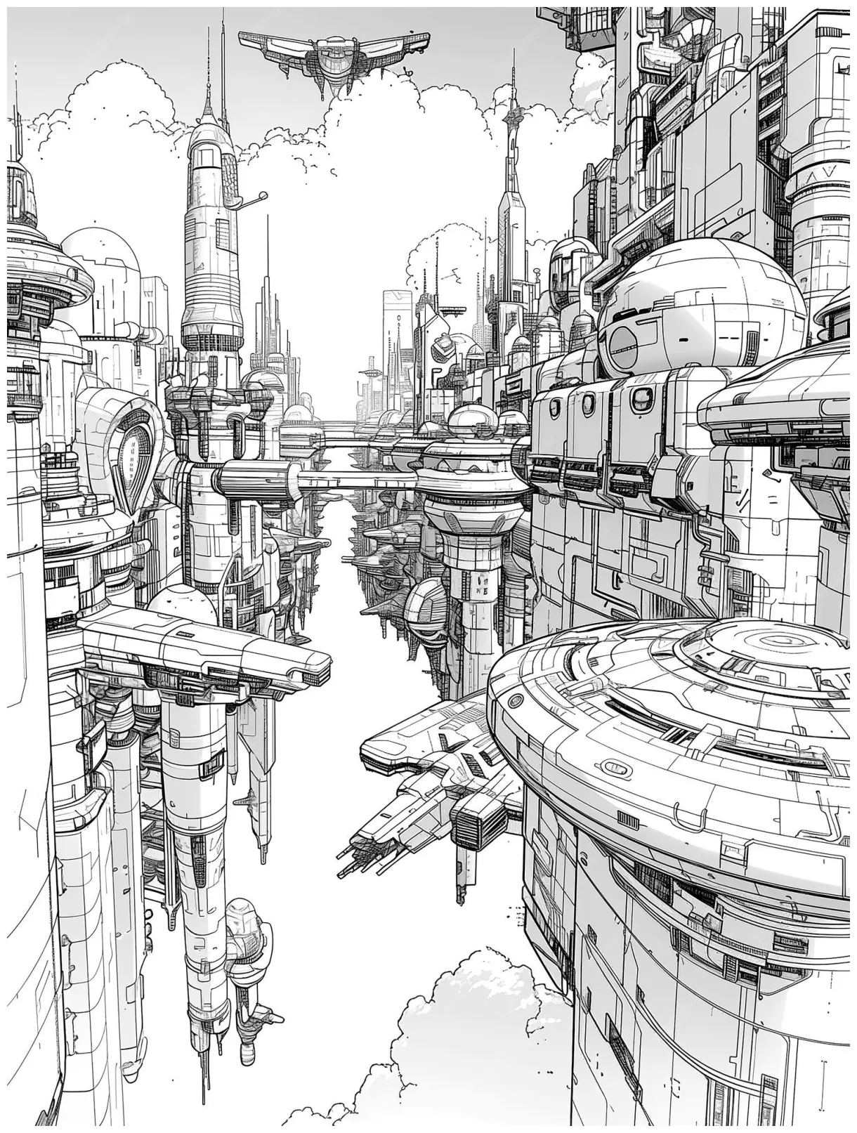 In cartoon style building and spaceship