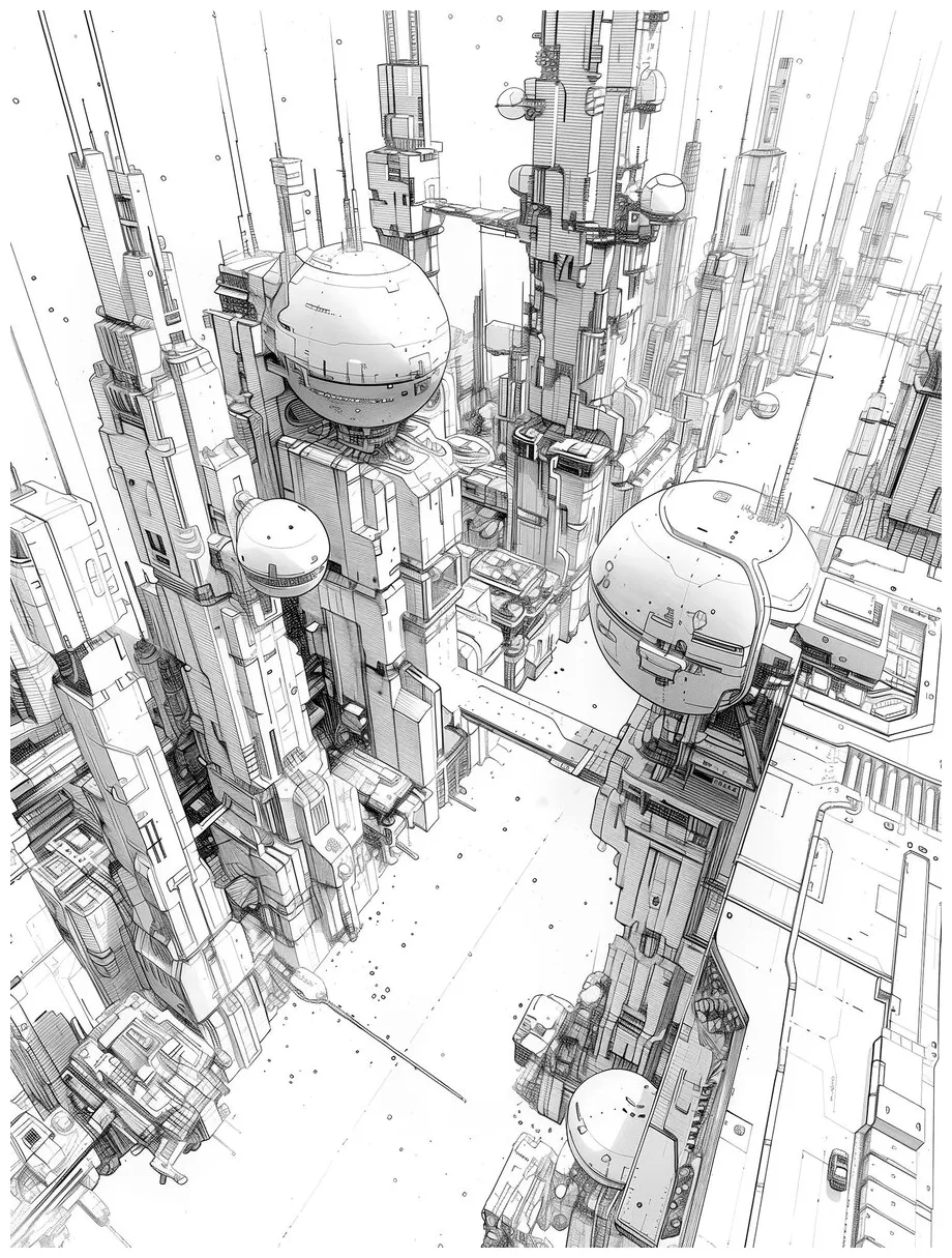 In cartoon style building and spaceship