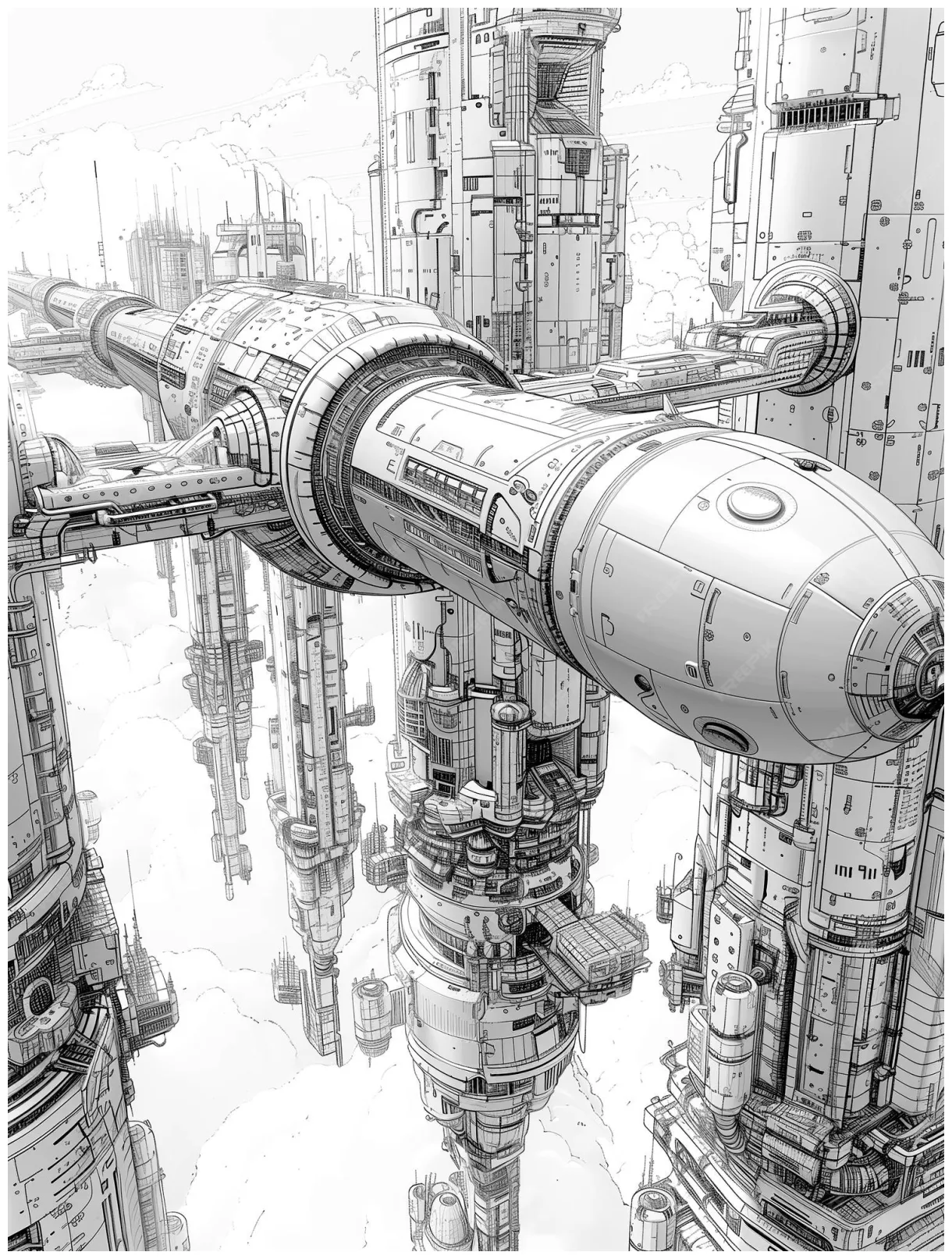 In cartoon style building and spaceship