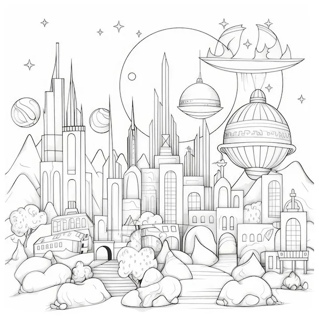 Premium Photo | Black and white coloring picture of a magic city of the