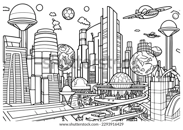 Futuristic city coloring page illustration featuring stock vector