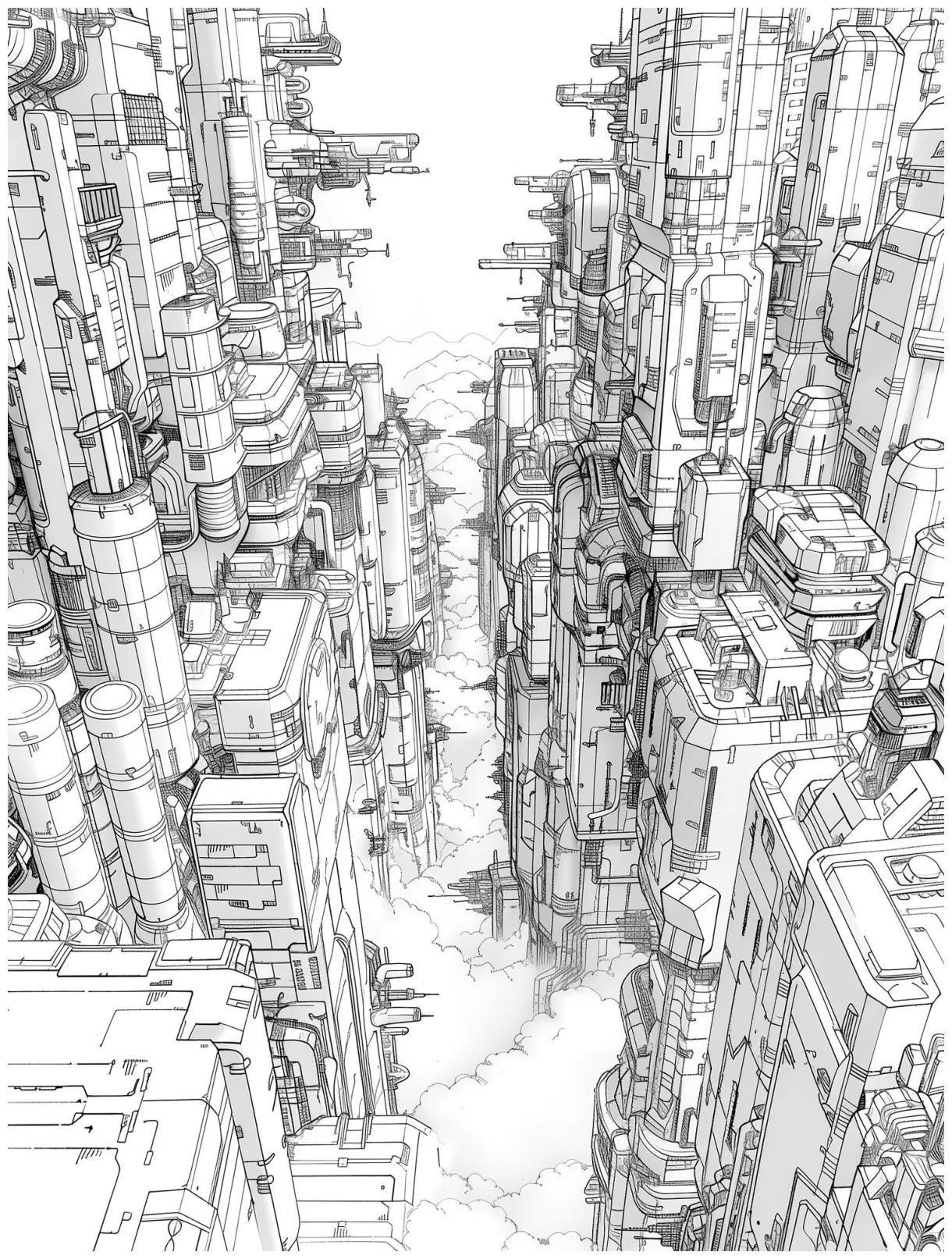 In cartoon style building and spaceship printable coloring page