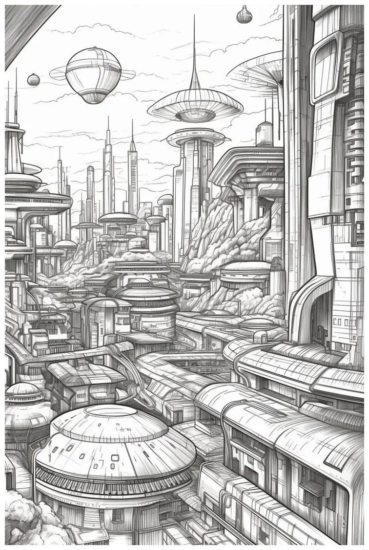Futuristic city buildings coloring pages, city coloring book with