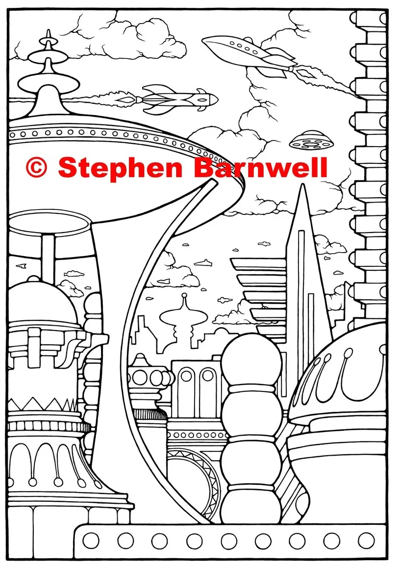 Sci-fi coloring page futuristic city adult coloring pages etsy