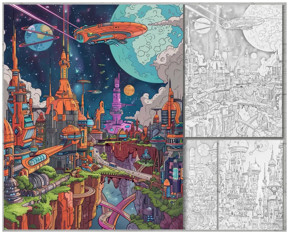 Futuristic city spaceship coloring pages, space metropolis and vehicle