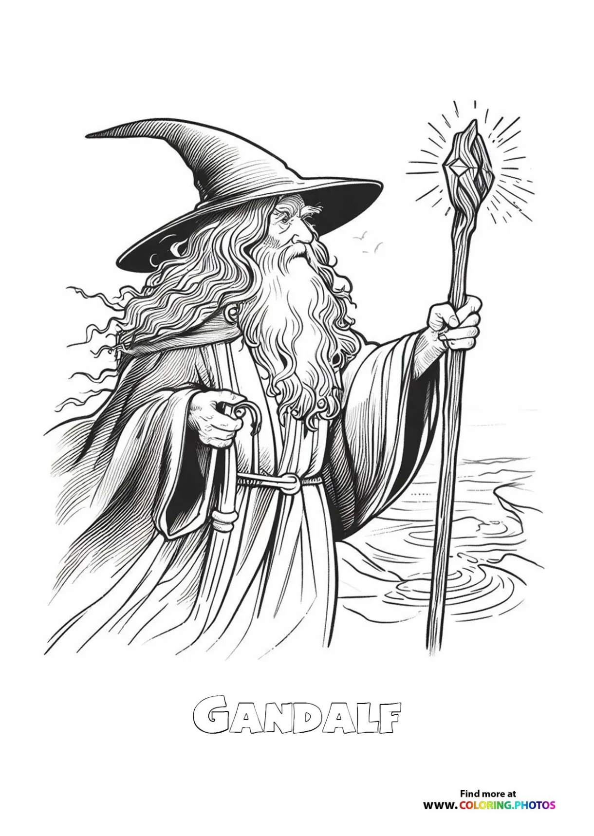 Gandalf with a staff coloring pages for kids