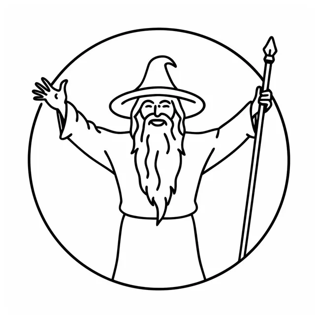 Gandalf with arms raised staff in one hand vector illustration line art